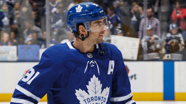 TORONTO, ON - MARCH 13: John Tavares #91 of the Toronto Maple Leafs warms up before facing the Chicago Blackhawks at the Scotiabank Arena on March 13, 2019 in Toronto, Ontario, Canada.