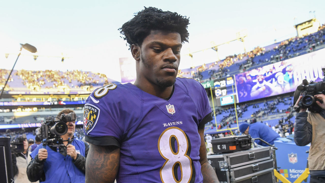 BALTIMORE, MD - JANUARY 6: Baltimore Ravens quarterback Lamar Jackson (8) leaves the field following their loss to the Los Angeles Chargers during the NFL Wild Card playoff game at M&T Bank Stadium.