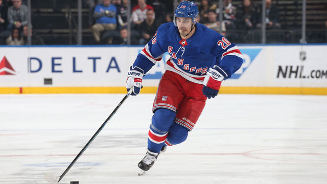 NEW YORK, NY - MARCH 03: Chris Kreider #20 of the New York Rangers skates with the puck against the Washington Capitals at Madison Square Garden on March 3, 2019 in New York City.