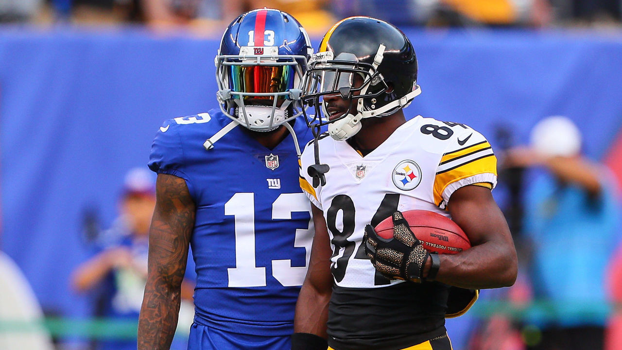 EAST RUTHERFORD, NJ - AUGUST 11: New York Giants wide receiver Odell Beckham (13) and Pittsburgh Steelers wide receiver Antonio Brown (84) prior to the Preseason National Football League game between the New York Giants and the Pittsburgh Steelers on August 11, 2017, at Met Life Stadium in East Rutherford, NJ.