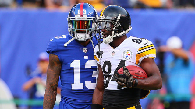 EAST RUTHERFORD, NJ - AUGUST 11: New York Giants wide receiver Odell Beckham (13) and Pittsburgh Steelers wide receiver Antonio Brown (84) prior to the Preseason National Football League game between the New York Giants and the Pittsburgh Steelers on August 11, 2017, at Met Life Stadium in East Rutherford, NJ.