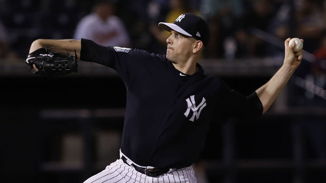 TAMPA, FL - MARCH 01: New York Yankees starting pitcher James Paxton (65) delivers a pitch during the MLB Spring Training game between the Baltimore Orioles and New York Yankees on March 01, 2019 at George M. Steinbrenner Field in Tampa, FL.