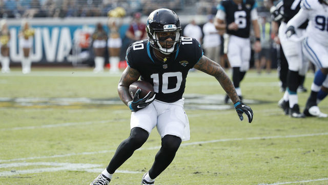 JACKSONVILLE, FL - DECEMBER 02: Donte Moncrief #10 of the Jacksonville Jaguars runs after catching a pass during the game against the Indianapolis Colts at TIAA Bank Field on December 2, 2018 in Jacksonville, Florida. The Jaguars won 6-0.
