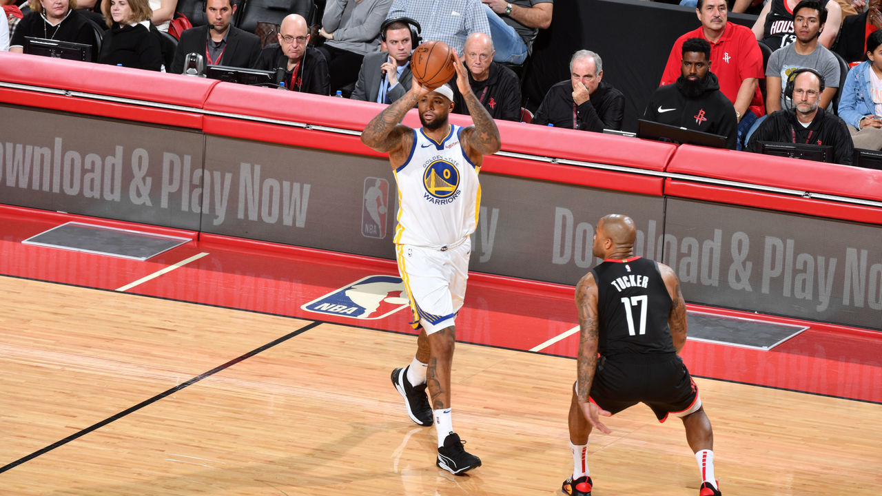 HOUSTON, TX - MARCH 13: DeMarcus Cousins #0 of the Golden State Warriors looks to pass against the Houston Rockets on March 13, 2019 at the Toyota Center in Houston, Texas. Mandatory Copyright Notice: Copyright 2019 NBAE