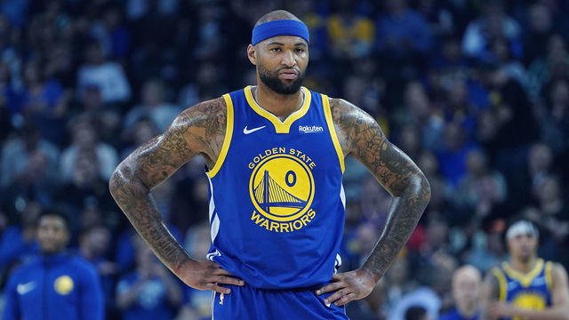 OAKLAND, CA - MARCH 05: DeMarcus Cousins #0 of the Golden State Warriors looks on against the Boston Celtics during an NBA basketball game at ORACLE Arena on March 5, 2019 in Oakland, California.