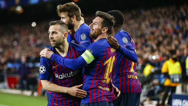 FC Barcelona defender Gerard Pique (3) celebrates scoring the goal with FC Barcelona forward Lionel Messi (10), FC Barcelona forward Ousmane Dembele (11) and FC Barcelona defender Jordi Alba (18) during the UEFA Champions League match between FC Barcelona and Olympique Lyonnais at Camp Nou Stadium on March 13, 2019 in Barcelona, Spain. (Credit: Mikel Trigueros / Urbanandsport / NurPhoto via Getty Images) --