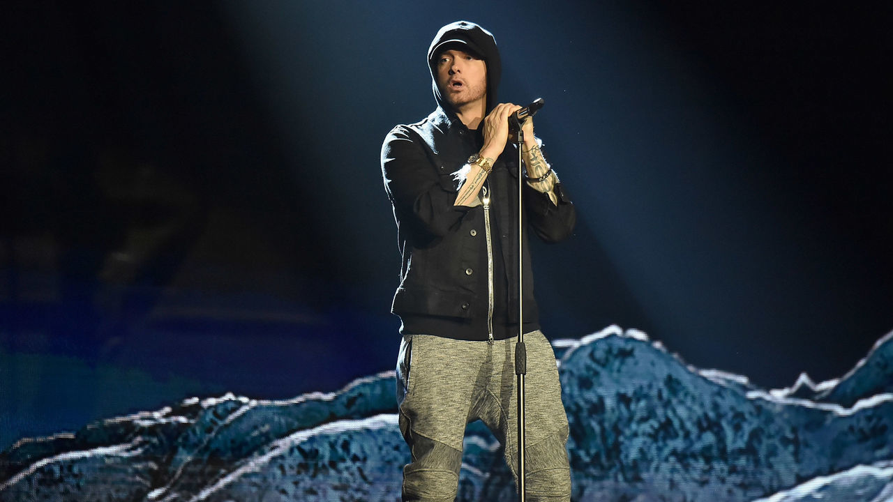 LONDON, ENGLAND - NOVEMBER 12: Eminem performs on stage during the MTV EMAs 2017 held at The SSE Arena, Wembley on November 12, 2017 in London, England.