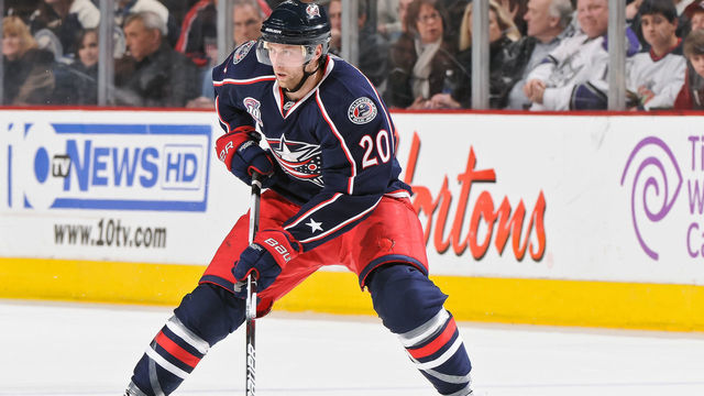COLUMBUS, OH - FEBRUARY 16: Kristian Huselius #20 of the Columbus Blue Jackets skates with the puck against the Los Angeles Kings on February 16, 2011 at Nationwide Arena in Columbus, Ohio. Los Angeles defeated Columbus 4-3 in a shootout.