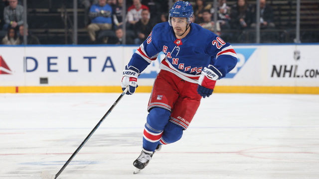 NEW YORK, NY - MARCH 03: Chris Kreider #20 of the New York Rangers skates with the puck against the Washington Capitals at Madison Square Garden on March 3, 2019 in New York City.