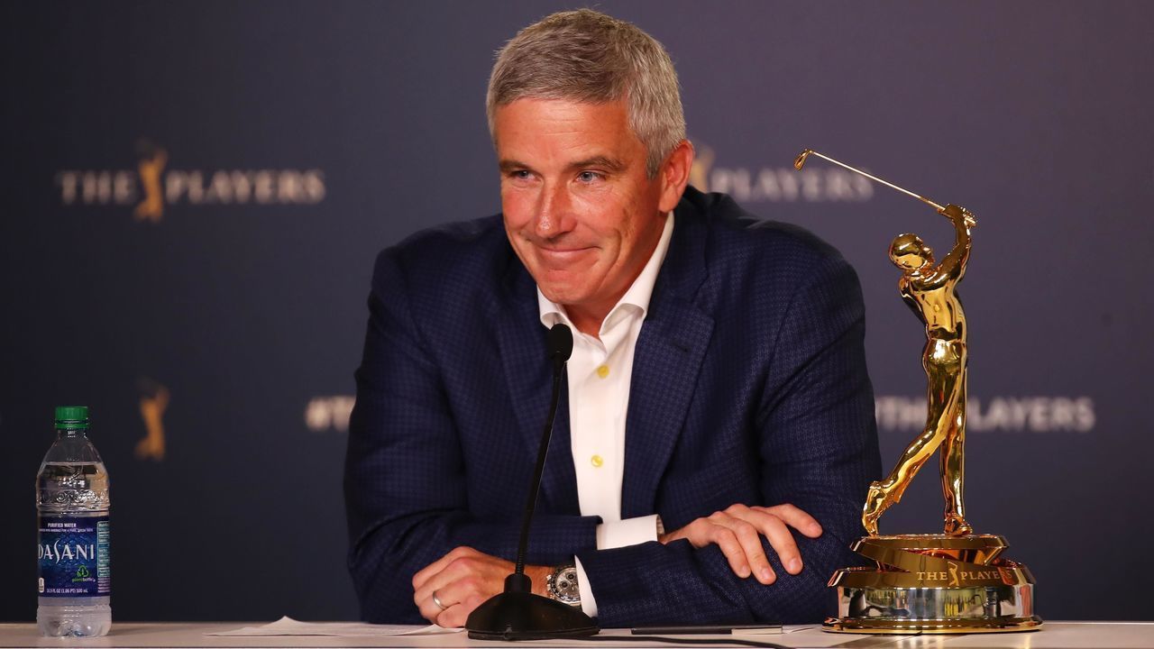 PONTE VEDRA BEACH, FLORIDA - MARCH 13: PGA TOUR Commissioner Jay Monahan speaks to the media during a practice round for The PLAYERS Championship on The Stadium Course at TPC Sawgrass on March 13, 2019 in Ponte Vedra Beach, Florida.