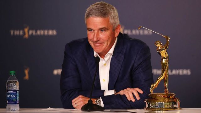 PONTE VEDRA BEACH, FLORIDA - MARCH 13: PGA TOUR Commissioner Jay Monahan speaks to the media during a practice round for The PLAYERS Championship on The Stadium Course at TPC Sawgrass on March 13, 2019 in Ponte Vedra Beach, Florida.