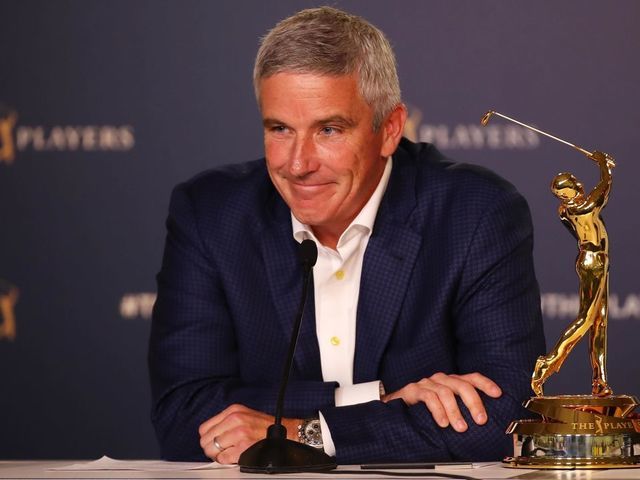 PONTE VEDRA BEACH, FLORIDA - MARCH 13: PGA TOUR Commissioner Jay Monahan speaks to the media during a practice round for The PLAYERS Championship on The Stadium Course at TPC Sawgrass on March 13, 2019 in Ponte Vedra Beach, Florida.