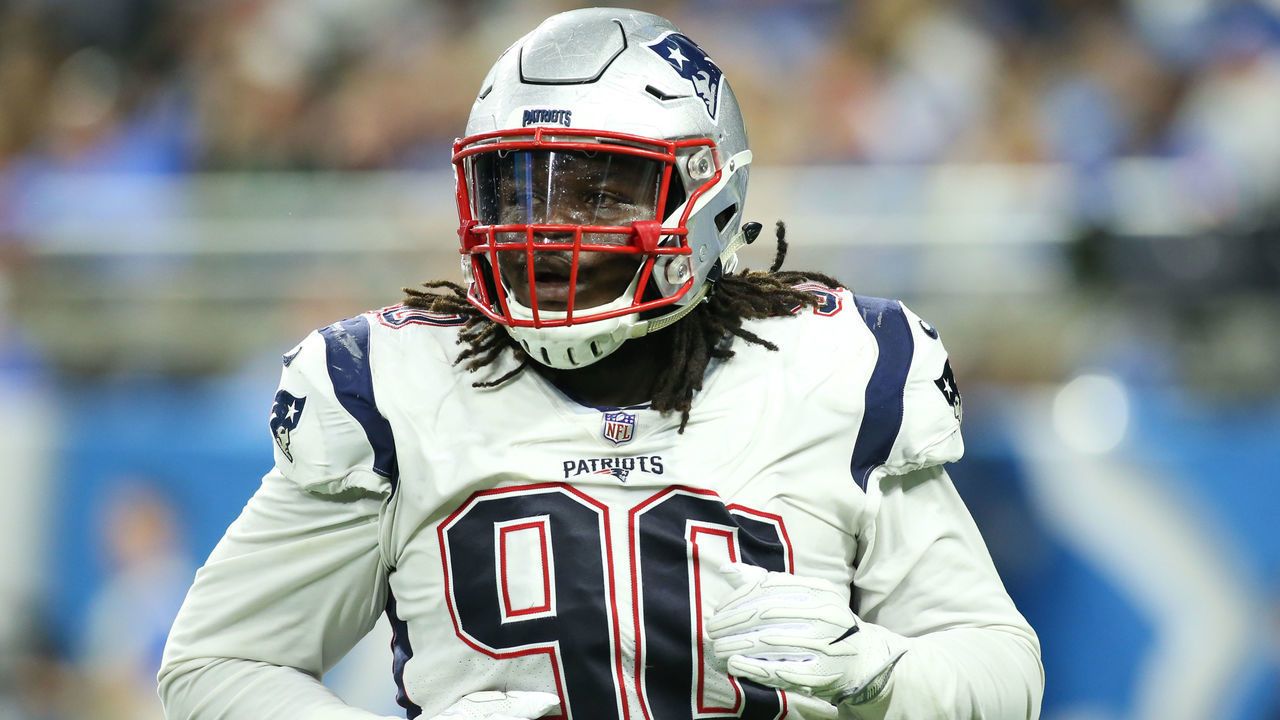 DETROIT, MI - SEPTEMBER 23: New England Patriots defensive tackle Malcom Brown (90) looks to the sideline during a regular season game between the New England Patriots and the Detroit Lions on September 23, 2018 at Ford Field in Detroit, Michigan.
