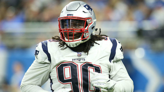 DETROIT, MI - SEPTEMBER 23: New England Patriots defensive tackle Malcom Brown (90) looks to the sideline during a regular season game between the New England Patriots and the Detroit Lions on September 23, 2018 at Ford Field in Detroit, Michigan.