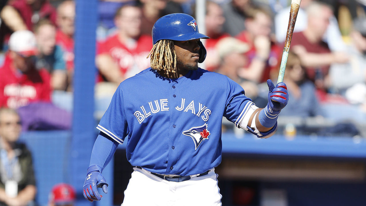 DUNEDIN, FLORIDA - MARCH 06: Vladimir Guerrero Jr. #27 of the Toronto Blue Jays in action against the Philadelphia Phillies during the Grapefruit League spring training game at Dunedin Stadium on March 06, 2019 in Dunedin, Florida.