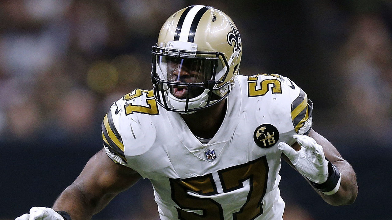 NEW ORLEANS, LA - NOVEMBER 18: Alex Okafor #57 of the New Orleans Saints defends during a game against the Philadelphia Eagles at the Mercedes-Benz Superdome on November 18, 2018 in New Orleans, Louisiana.