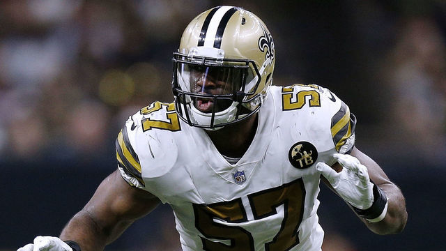 NEW ORLEANS, LA - NOVEMBER 18: Alex Okafor #57 of the New Orleans Saints defends during a game against the Philadelphia Eagles at the Mercedes-Benz Superdome on November 18, 2018 in New Orleans, Louisiana.