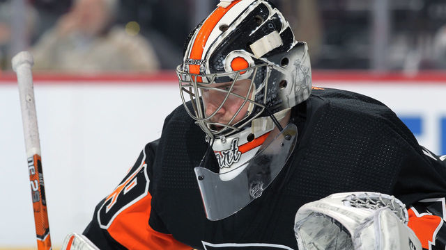 PHILADELPHIA, PA - FEBRUARY 16: Carter Hart #79 of the Philadelphia Flyers looks on against the Detroit Red Wings on February 16, 2019 at the Wells Fargo Center in Philadelphia, Pennsylvania.