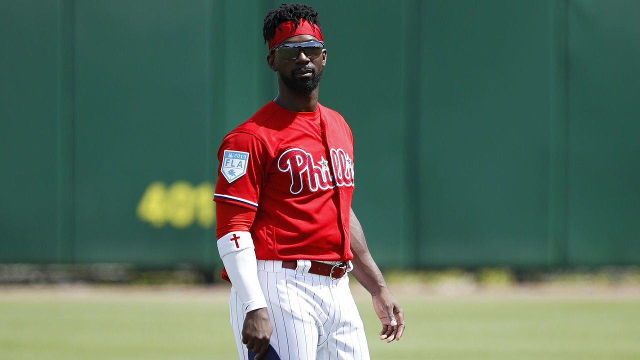 CLEARWATER, FL - MARCH 11: Andrew McCutchen #22 of the Philadelphia Phillies looks on prior to a Grapefruit League spring training game against the Tampa Bay Rays at Spectrum Field on March 11, 2019 in Clearwater, Florida. The Rays won 8-2.