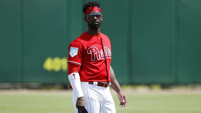 CLEARWATER, FL - MARCH 11: Andrew McCutchen #22 of the Philadelphia Phillies looks on prior to a Grapefruit League spring training game against the Tampa Bay Rays at Spectrum Field on March 11, 2019 in Clearwater, Florida. The Rays won 8-2.