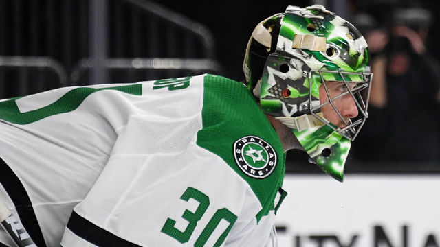 LAS VEGAS, NEVADA - FEBRUARY 26: Ben Bishop #30 of the Dallas Stars takes a break during a stop in play in the second period of a game against the Vegas Golden Knights at T-Mobile Arena on February 26, 2019 in Las Vegas, Nevada. The Golden Knights defeated the Stars 4-1.