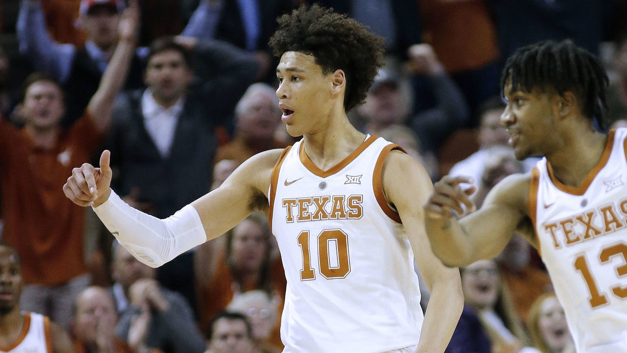 AUSTIN, TEXAS - FEBRUARY 12: Jaxson Hayes #10 and Jase Febres #13 of the Texas Longhorns react during the game with the Kansas State Wildcats at The Frank Erwin Center on February 12, 2019 in Austin, Texas.