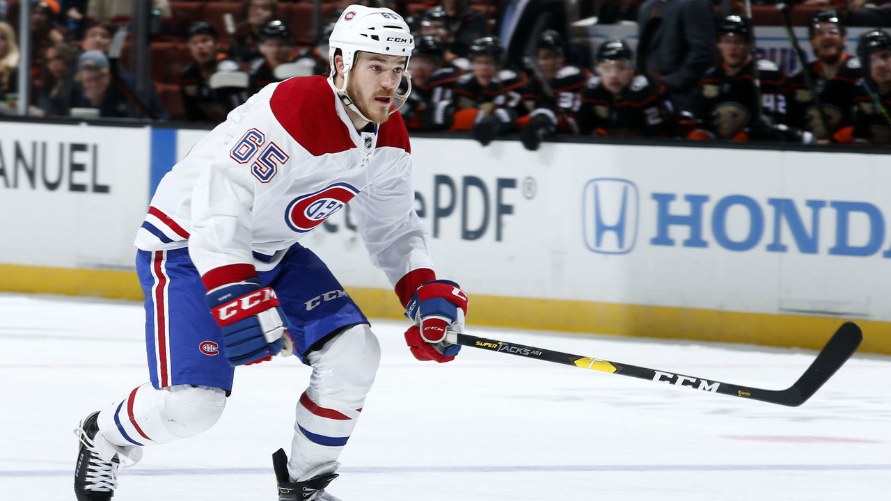 ANAHEIM, CA - MARCH 8: Andrew Shaw #65 of the Montreal Canadiens skates during the game against the Anaheim Ducks on March 8, 2019 at Honda Center in Anaheim, California.