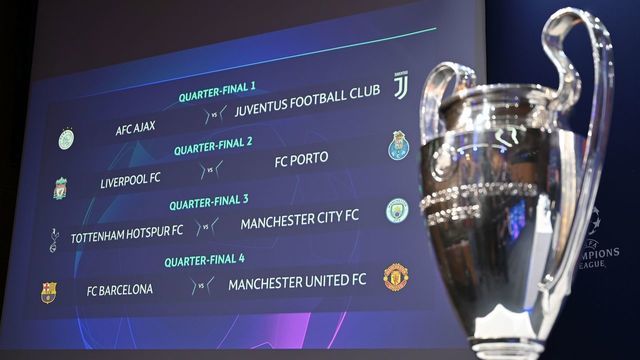 The results of the draw for the Champions league quarter-final is displayed on a screen next to the competition's trophy, on March 15, 2019 in Nyon.