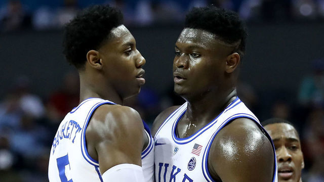 CHARLOTTE, NORTH CAROLINA - MARCH 14: Zion Williamson #1 and teammate RJ Barrett #5 of the Duke Blue Devils react against the Syracuse Orange during their game in the quarterfinal round of the 2019 Men's ACC Basketball Tournament at Spectrum Center on March 14, 2019 in Charlotte, North Carolina.
