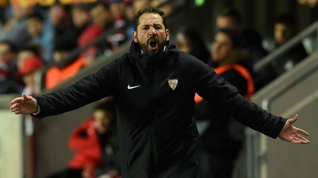 Head coach of Sevilla FC Pablo Machin reacts during the UEFA Europa League last 16, second leg football match Slavia Prague v Sevilla on March 14, 2019 in Prague.