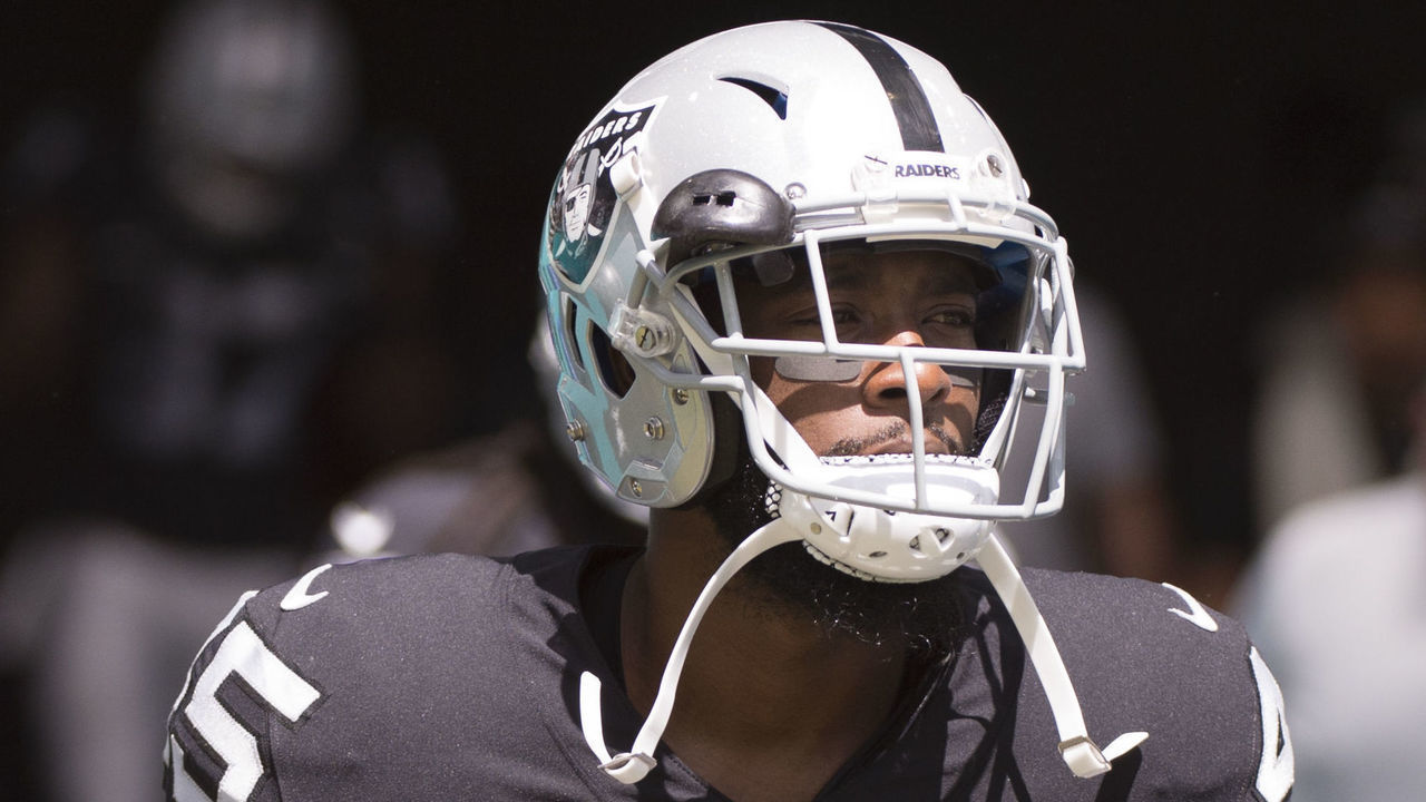 MIAMI GARDENS, FL - SEPTEMBER 23: Oakland Raiders Cornerback Dominique Rodgers-Cromartie (45) during the NFL football game between the Oakland Raiders and the Miami Dolphins on September 23, 2018, at the Hard Rock Stadium in Miami Gardens, FL.