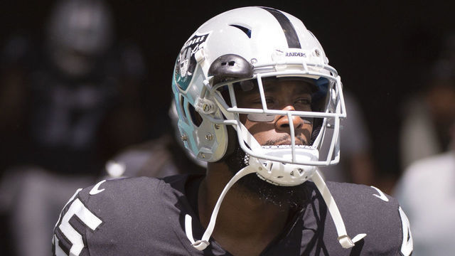 MIAMI GARDENS, FL - SEPTEMBER 23: Oakland Raiders Cornerback Dominique Rodgers-Cromartie (45) during the NFL football game between the Oakland Raiders and the Miami Dolphins on September 23, 2018, at the Hard Rock Stadium in Miami Gardens, FL.