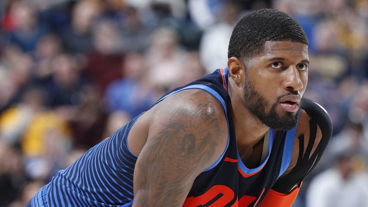INDIANAPOLIS, IN - MARCH 14: Paul George #13 of the Oklahoma City Thunder looks on against the Indiana Pacers in the second half of the game at Bankers Life Fieldhouse on March 14, 2019 in Indianapolis, Indiana. The Pacers won 108-106. NOTE TO USER: User expressly acknowledges and agrees that, by downloading and or using the photograph, User is consenting to the terms and conditions of the Getty Images License Agreement.