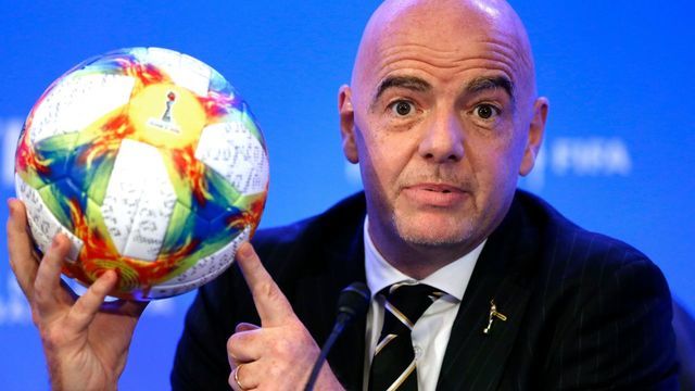 FIFA President Gianni Infantino addresses the media during a press conference following the FIFA Council Meetings in Miami, Florida, on March 15, 2019. - Video assistant referee (VAR) will be used at this year's women's World Cup, FIFA confirmed on March 15. VAR, which made its debut at the 2018 World Cup in Russia, will now be deployed for the women's tournament which kicks off in June in France. The decision was confirmed at a meeting of FIFA's Council in Miami.