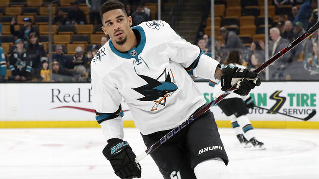BOSTON, MA - FEBRUARY 26: San Jose Sharks left wing Evander Kane (9) skates in warm up before a game between the Boston Bruins and the San Jose Sharks on February 26, 2019, at TD Garden in Boston, Massachusetts.