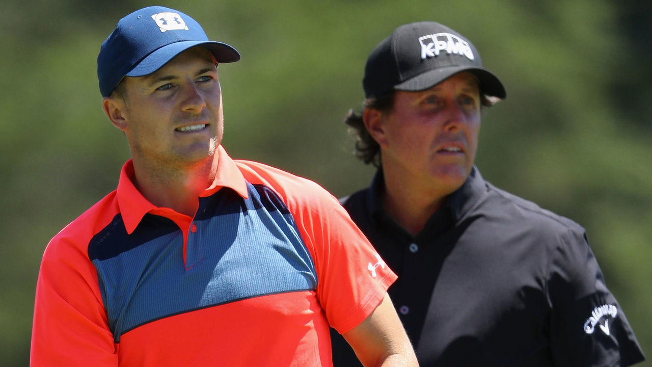 SOUTHAMPTON, NY - JUNE 14: Jordan Spieth of the United States and Phil Mickelson of the United States look on from the 6th tee during the first round of the 2018 U.S. Open at Shinnecock Hills Golf Club on June 14, 2018 in Southampton, New York.