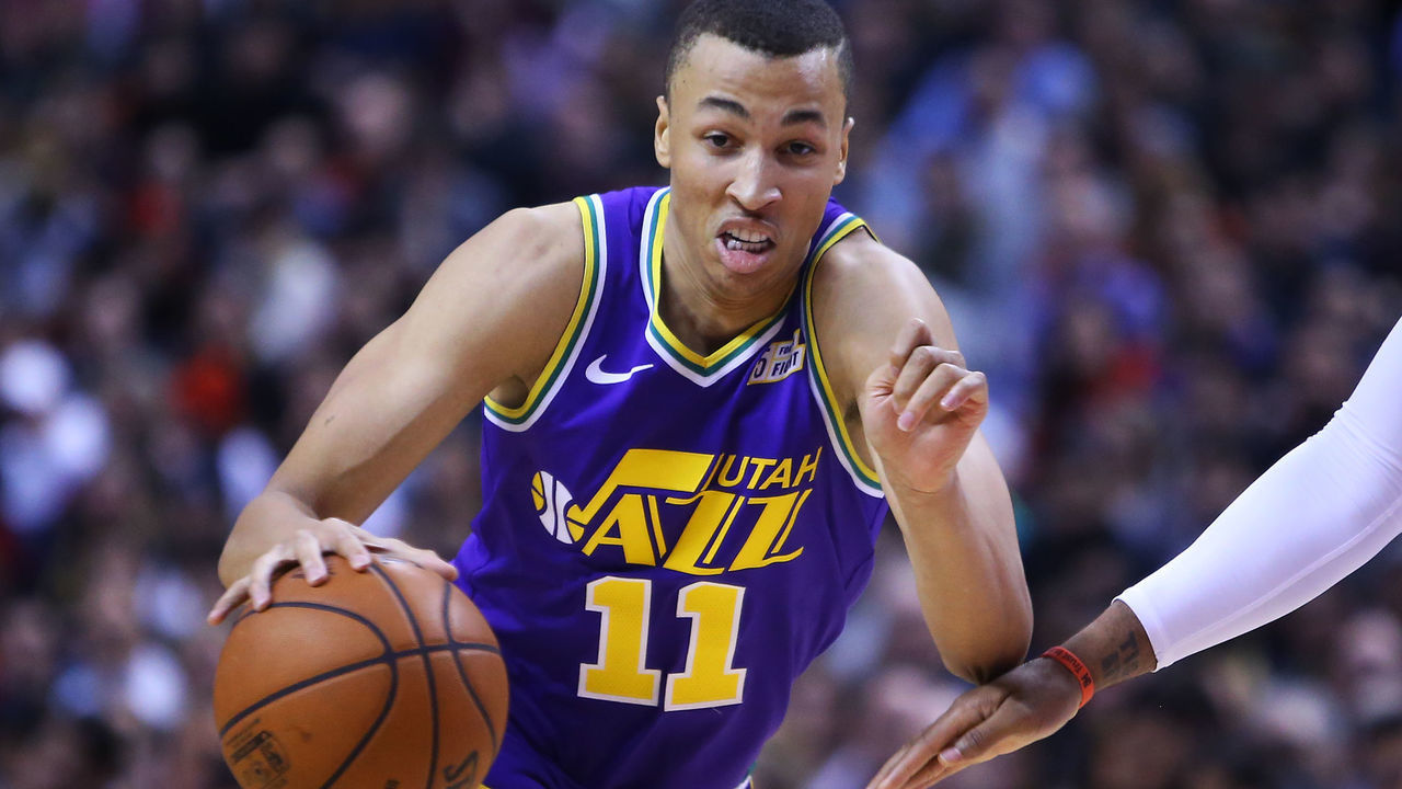 TORONTO, ON - JANUARY 1: Dante Exum #11 of the Utah Jazz dribbles the ball during the second half of an NBA game against the Toronto Raptors at Scotiabank Arena on January 1, 2019 in Toronto, Canada.