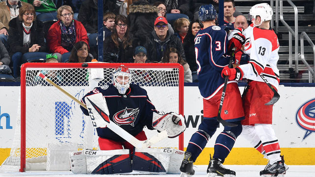 COLUMBUS, OH - MARCH 15: Goaltender Sergei Bobrovsky #72 of the Columbus Blue Jackets defends the net as Seth Jones #3 of the Columbus Blue Jackets and Warren Foegele #13 of the Carolina Hurricanes battle for position during the third period of a game on March 15, 2019 at Nationwide Arena in Columbus, Ohio.