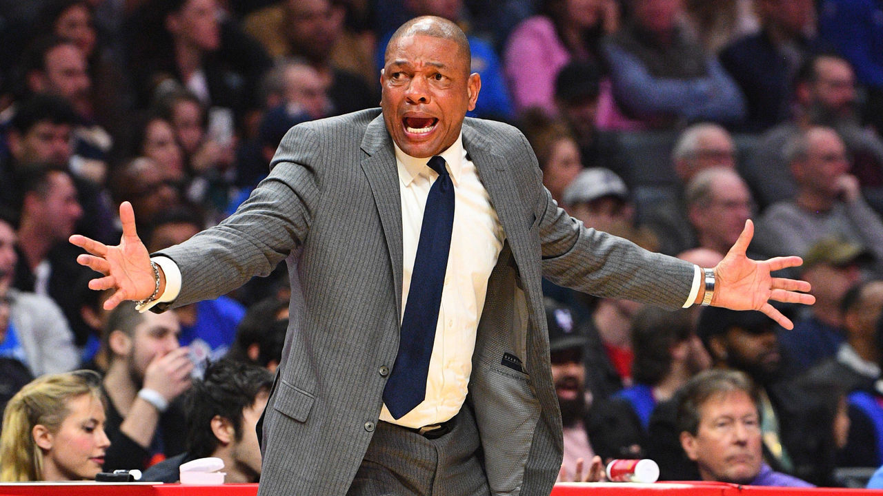 LOS ANGELES, CA - MARCH 08: Los Angeles Clippers Head Coach Doc Rivers reacts to a call during a NBA game between the Oklahoma City Thunder and the Los Angeles Clippers on March 8, 2019 at STAPLES Center in Los Angeles, CA.