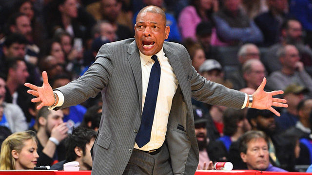 LOS ANGELES, CA - MARCH 08: Los Angeles Clippers Head Coach Doc Rivers reacts to a call during a NBA game between the Oklahoma City Thunder and the Los Angeles Clippers on March 8, 2019 at STAPLES Center in Los Angeles, CA.
