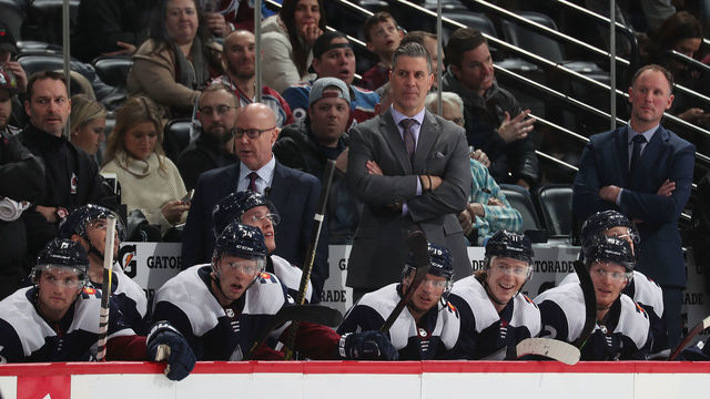 DENVER, CO - FEBRUARY 20: Head coach Jared Bednar of the Colorado Avalanche looks on against the Winnipeg Jets at the Pepsi Center on February 20, 2019 in Denver, Colorado.
