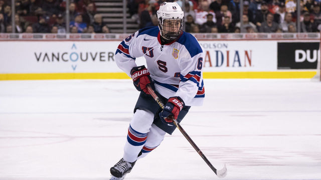 VANCOUVER, BC - JANUARY 5: Jack Hughes #6 of the United States skates with the puck in Gold Medal hockey action of the 2019 IIHF World Junior Championship against Finland on January, 5, 2019 at Rogers Arena in Vancouver, British Columbia, Canada.