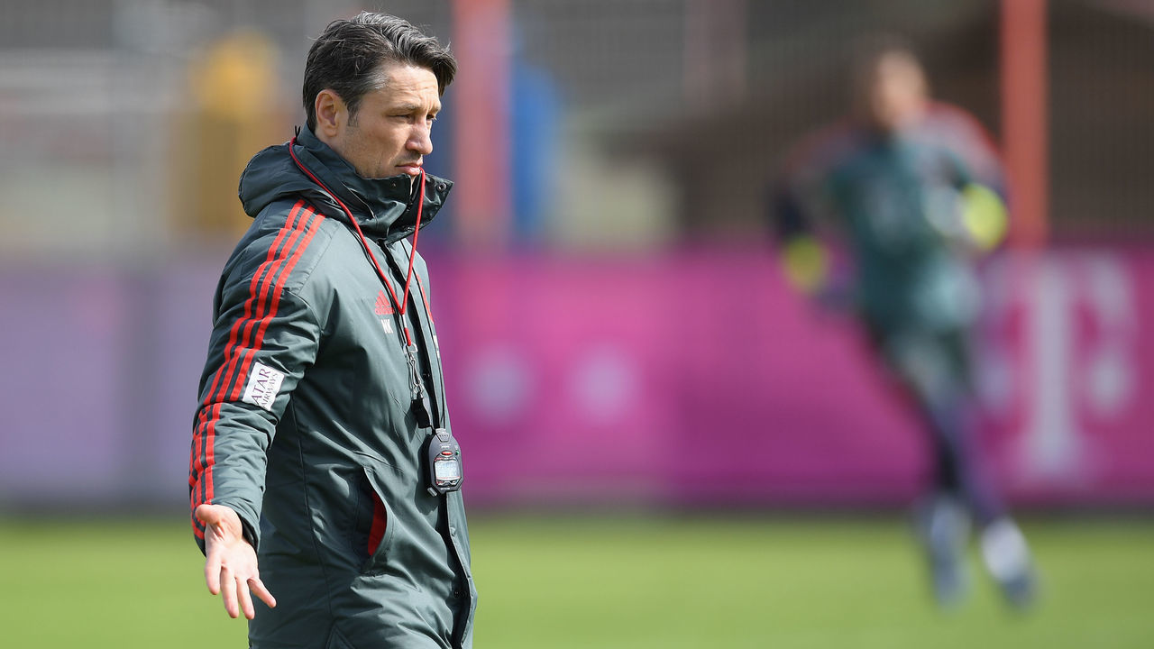 MUNICH, GERMANY - MARCH 16: (EXCLUSIVE COVERAGE) Head coach Niko Kovac of FC Bayern München reacts during a training session at Saebener Strasse training ground on March 16, 2019 in Munich, Germany.