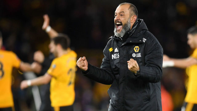 WOLVERHAMPTON, ENGLAND - MARCH 16: Nuno Espirito Santo, Manager of Wolverhampton Wanderers celebrates victory following the FA Cup Quarter Final match between Wolverhampton Wanderers and Manchester United at Molineux on March 16, 2019 in Wolverhampton, England.