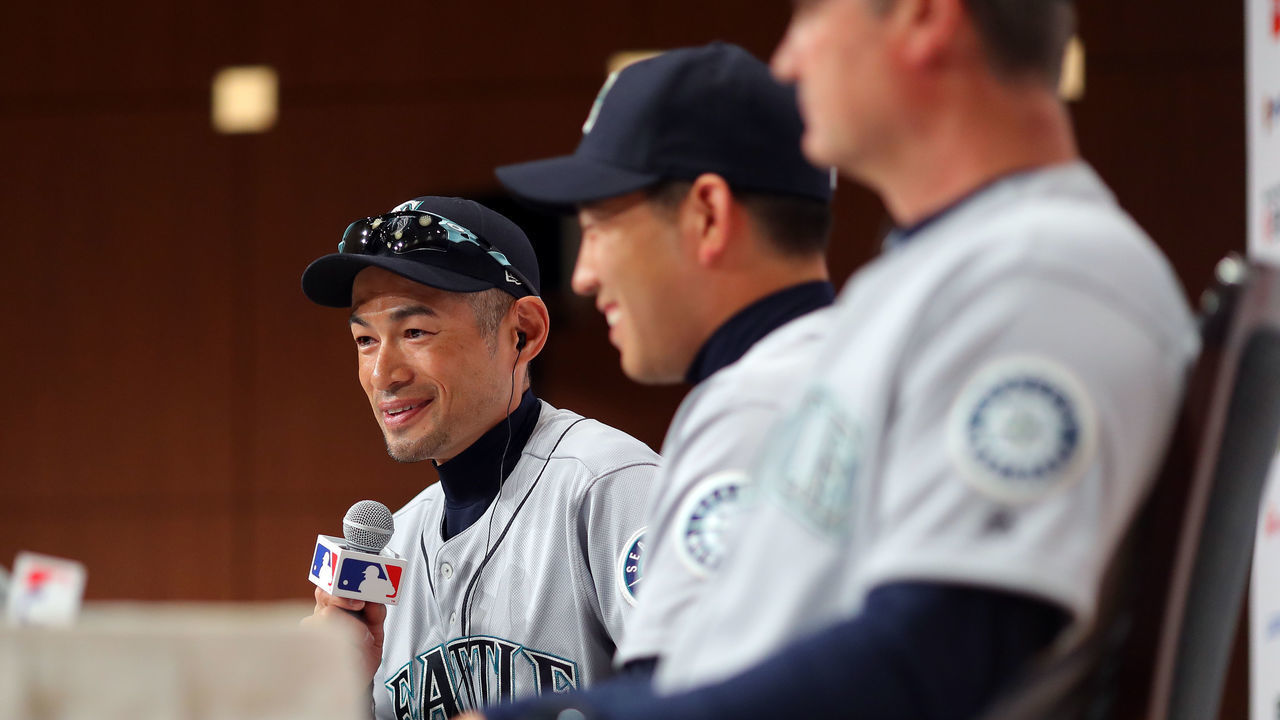 TOKYO, JAPAN - MARCH 15: Ichiro Suzuki #51 of the Seattle Mariners speaks at a press conference during the workout day for the 2019 Opening Series at the Tokyo Dome on Friday, March 15, 2019 in Tokyo, Japan.