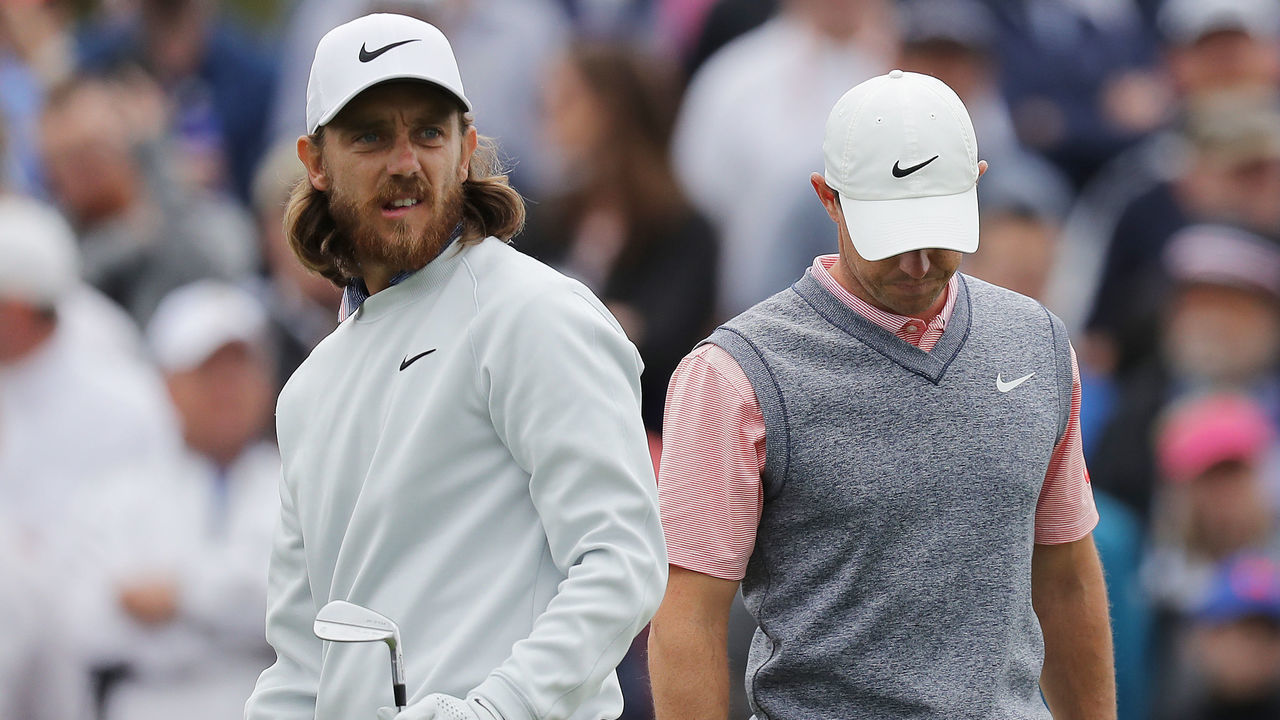 PONTE VEDRA BEACH, FLORIDA - MARCH 16: Tommy Fleetwood of England and Rory McIlroy of Northern Ireland look on from the third tee during the third round of The PLAYERS Championship on The Stadium Course at TPC Sawgrass on March 16, 2019 in Ponte Vedra Beach, Florida.