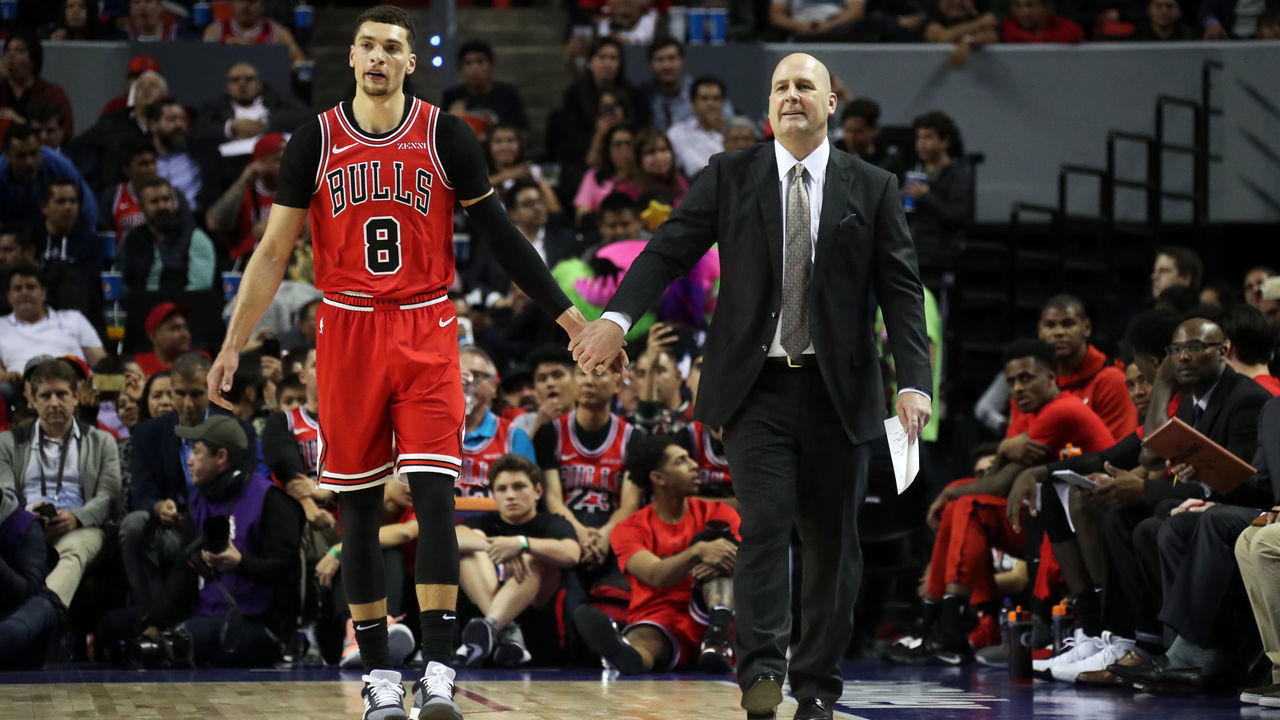 MEXICO CITY, MX - DECEMBER 13: Zach LaVine #8 of the Chicago Bulls and Head Coach Jim Boylen of the Chicago Bulls shake hands during the game against the Orlando Magic as part of the NBA Mexico Games 2018 on December 13, 2018 at Arena Ciudad de Mexico in Mexico City, Mexico. Mandatory Copyright Notice: Copyright 2018 NBAE