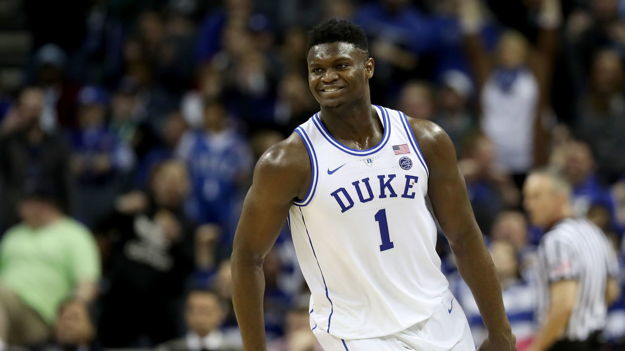 CHARLOTTE, NORTH CAROLINA - MARCH 16: Zion Williamson #1 of the Duke Blue Devils reacts against the Florida State Seminoles during the championship game of the 2019 Men's ACC Basketball Tournament at Spectrum Center on March 16, 2019 in Charlotte, North Carolina.