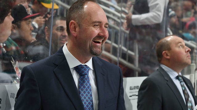 GLENDALE, AZ - DECEMBER 08: Head coach Peter DeBoer laughs on the bench during first period action against the Arizona Coyotes at Gila River Arena on December 8, 2018 in Glendale, Arizona.