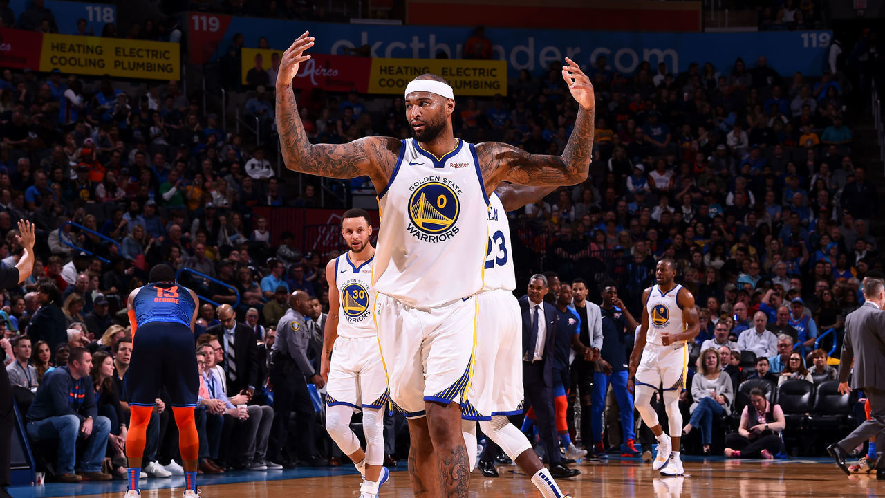 OKLAHOMA CITY, OK - MARCH 16: DeMarcus Cousins #0 of the Golden State Warriors reacts against the Oklahoma City Thunder on March 16, 2019 at Chesapeake Energy Arena in Oklahoma City, Oklahoma. Mandatory Copyright Notice: Copyright 2019 NBAE